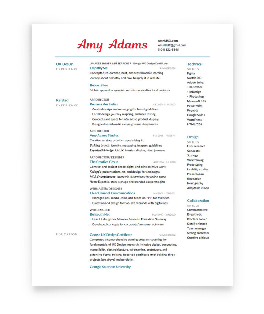 Amy Adams UI UX resume CV 2024